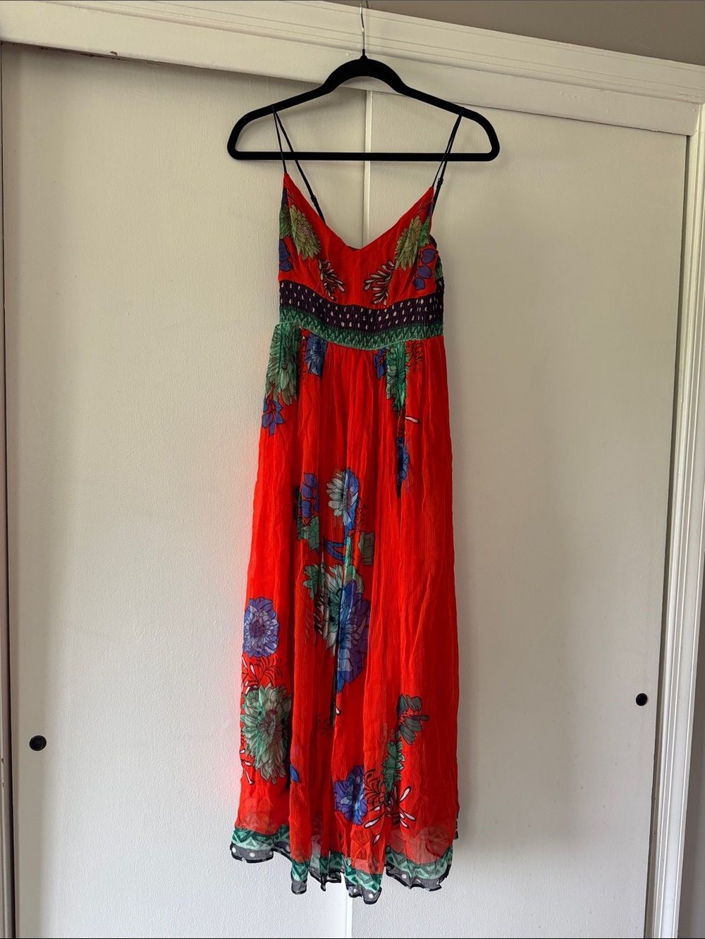 Anthropologie Red Floral Maxi Dress with Green & Blue Accents